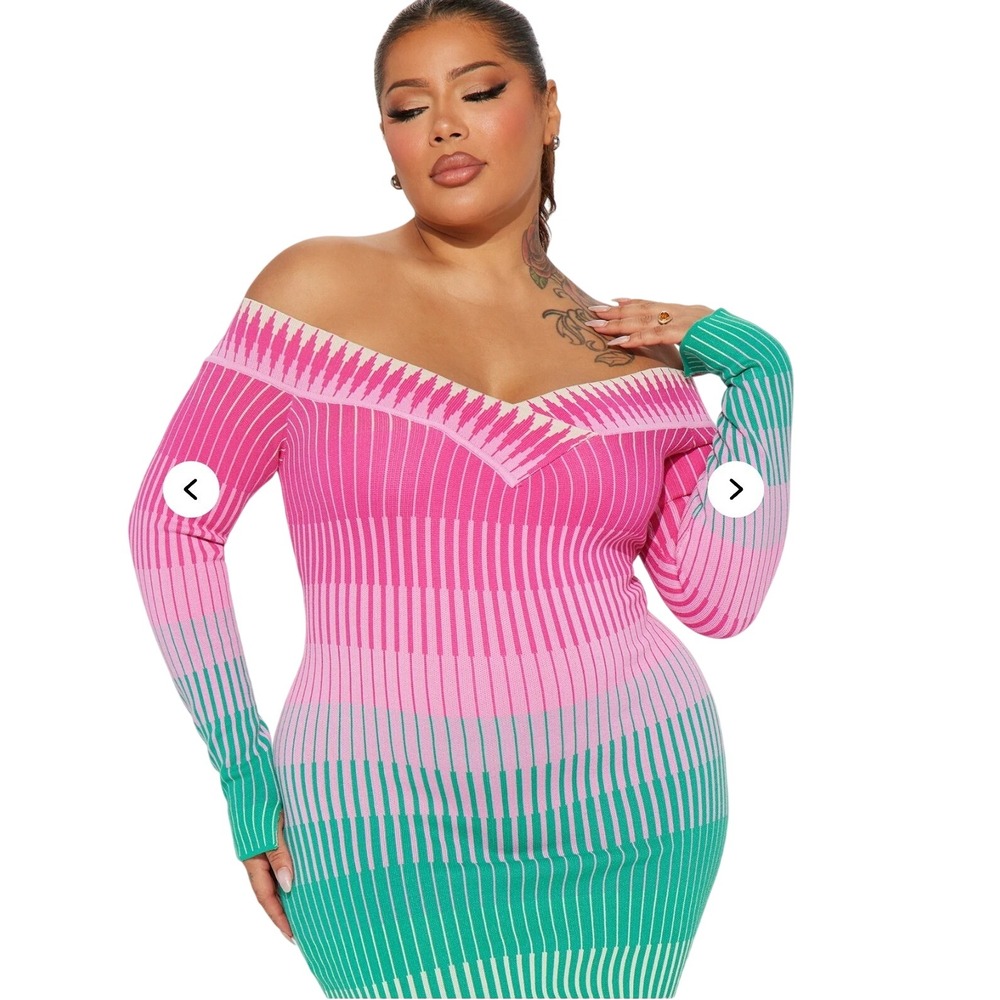Fashion Nova Pink Teal Ombre Striped Off Shoulder Midi Sweater Dress XL NWT - Picture 2 of 6